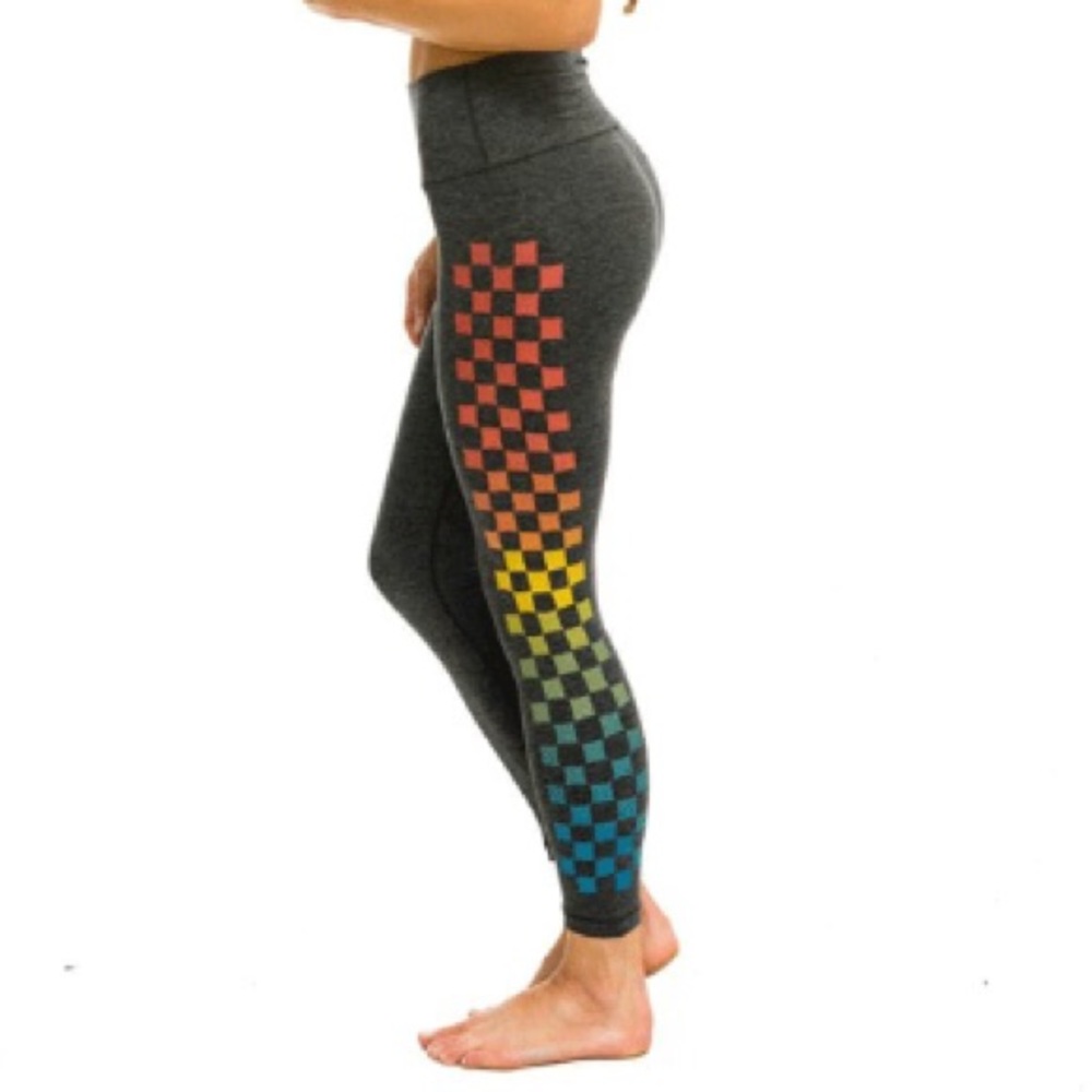 Small rainbow checkerboard high waist leggings. EUC, size small